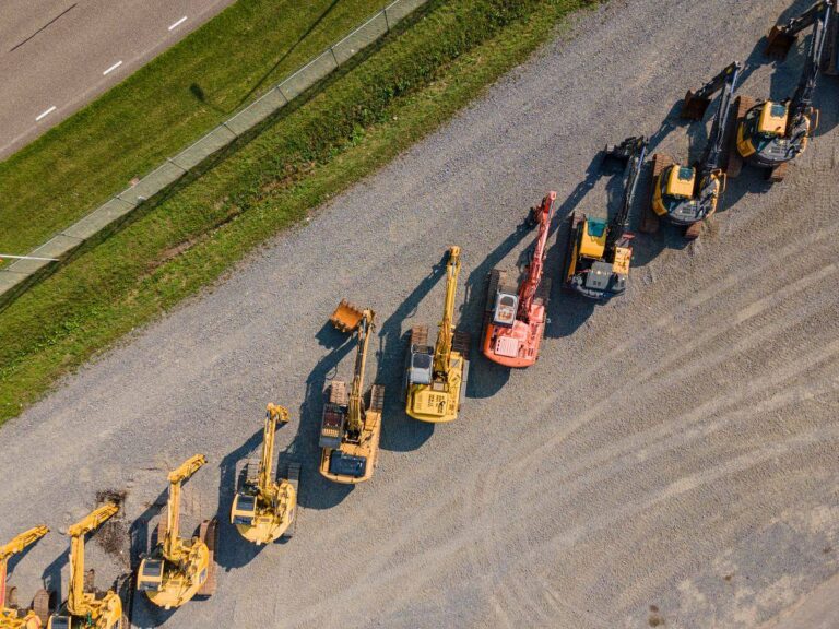 Aerial view of a perfect arrangement of excavators